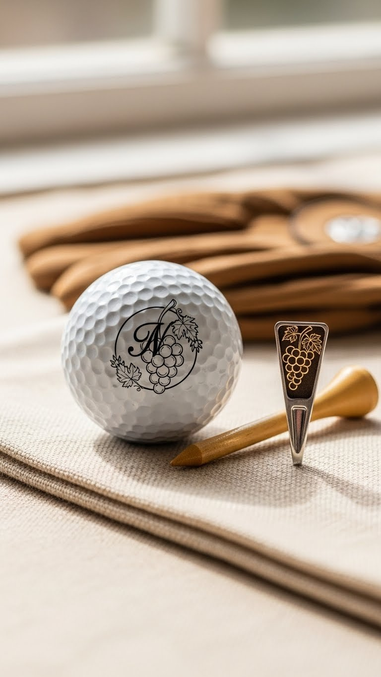 Personalized Monogrammed Grape Design Golf Ball On Linen Napkin With Golf Accessories