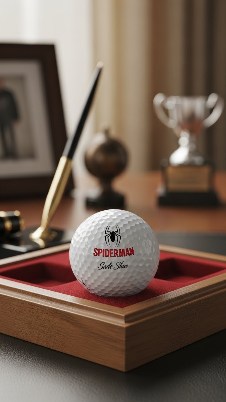Personalized White Golf Ball With Spiderman Logo And Custom Name In Wooden Display Case On Office Desk Background