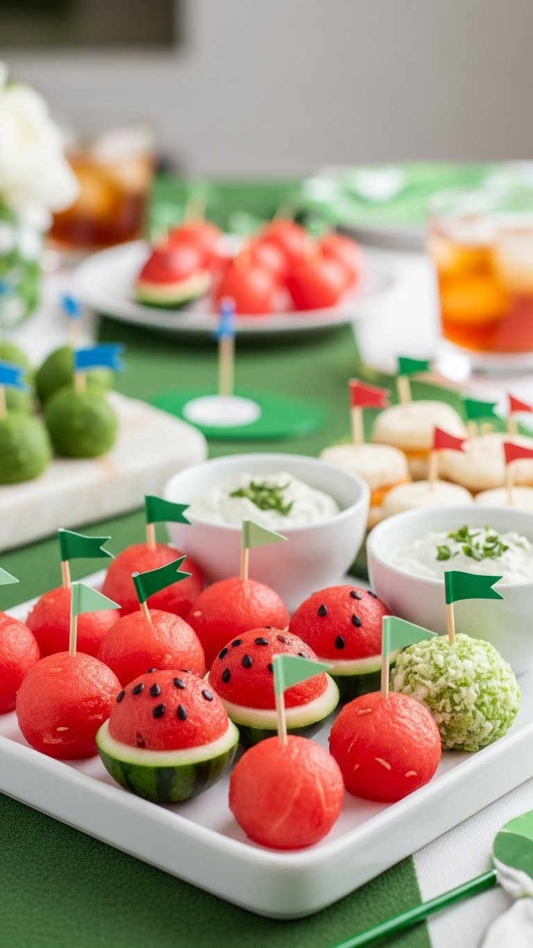 Platter Of Watermelon Golf Ball Themed Party Snacks With Spherical Food Items Arranged