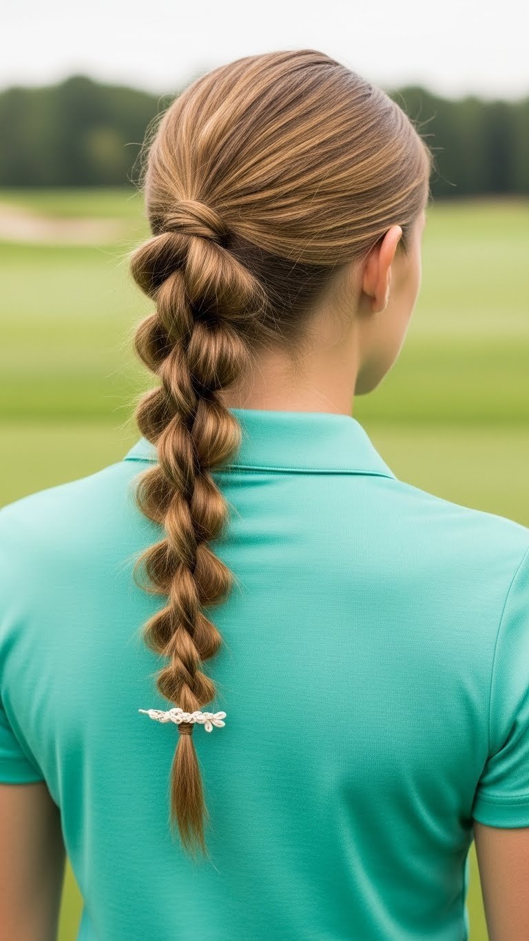 Playful Bubble Braid Golf Party Hairstyle With Voluminous Sections Against Lush Green Outdoor Golf Course Backdrop