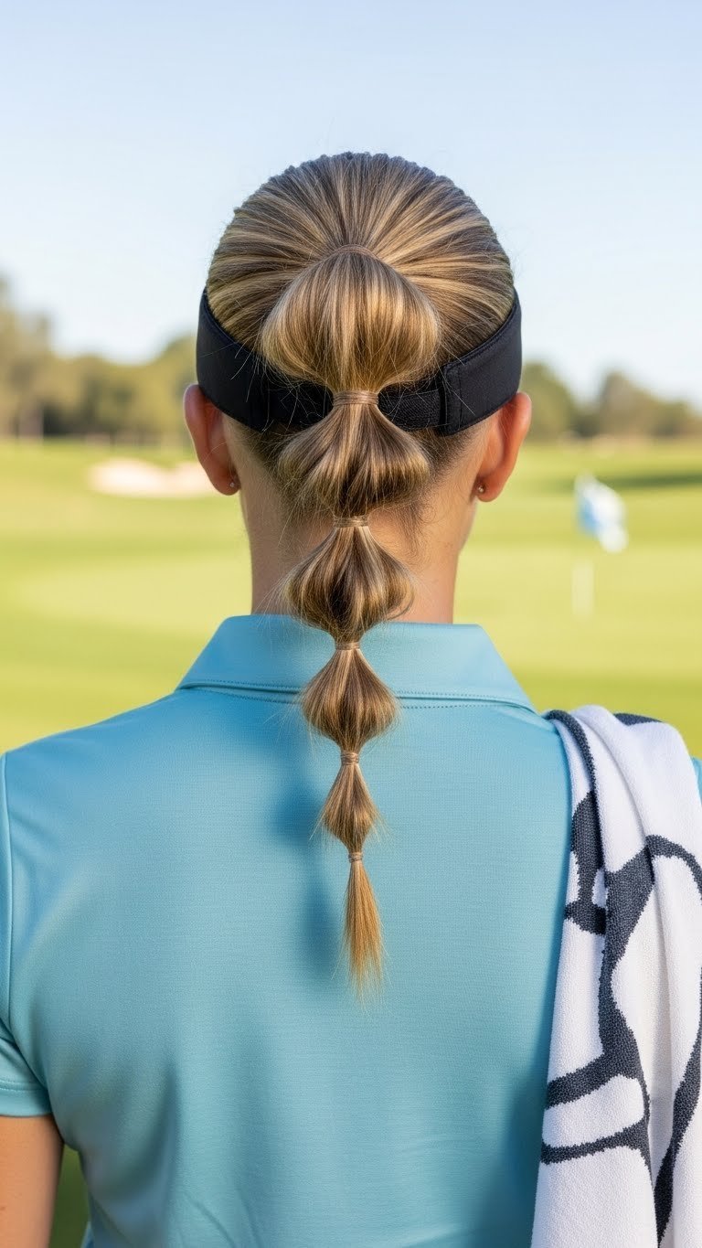 Golf Hairstyle Women No Hat: 7 Elegant &Amp; Secure Styles Playful Bubble Braid Ponytail On Female Golfer Near Golf Cart Path With Blue Sky