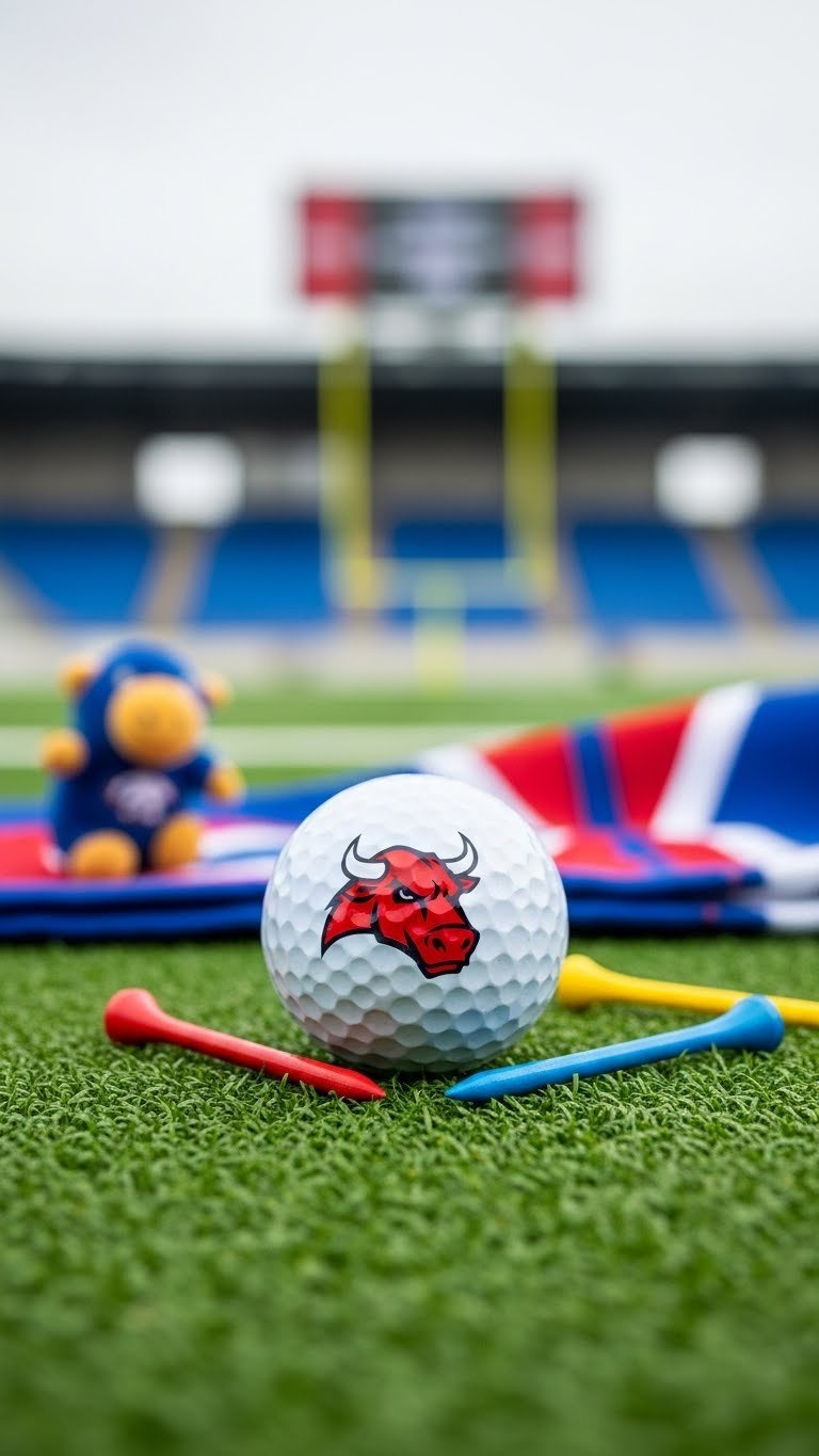 Playful Football Mascot Golf Ball With Cartoon-Style Character In Bright Team Colors On Green Turf