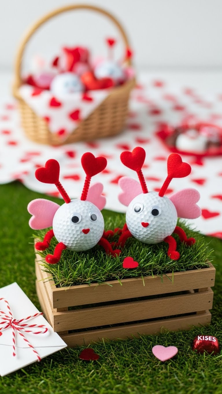 Playful Golf Ball Love Bugs With Googly Eyes And Heart Antennae On Artificial Grass With Valentine'S Decor Elements