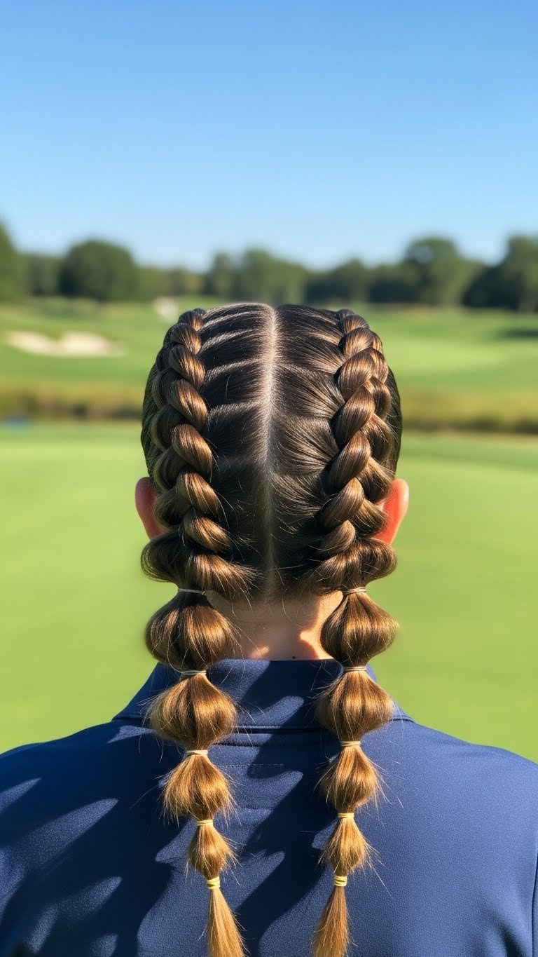 Playful Half-Up Bubble Braids Hairstyle For Active Golf Women With Vibrant Segmented Texture Against Sunny Golf Course Backdrop
