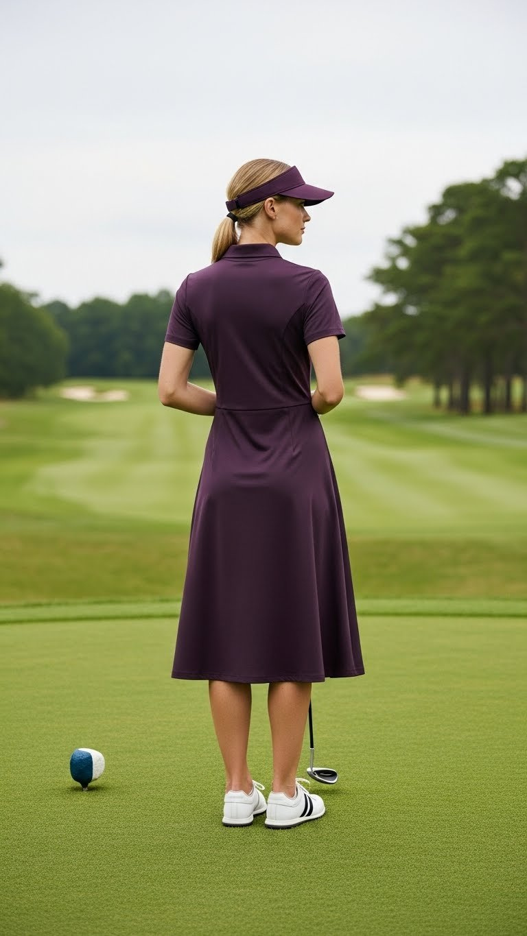 Poised Woman In Midi-Length Golf Dress Standing On Tee Box Overlooking Fairway With Golf Bag
