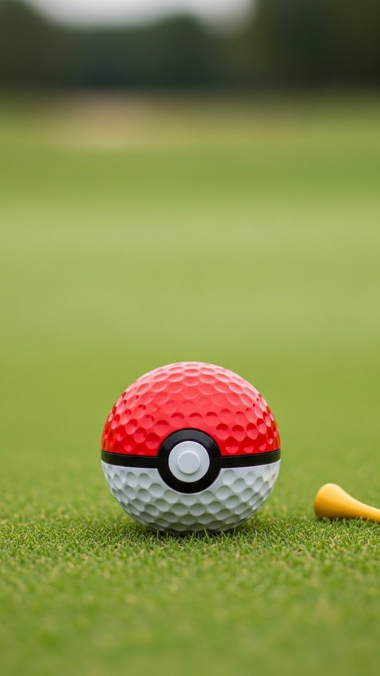 Pokeball-Themed Golf Ball Resting On Fresh Grass With Soft Bokeh Golf Course Background In Professional Macro Photography