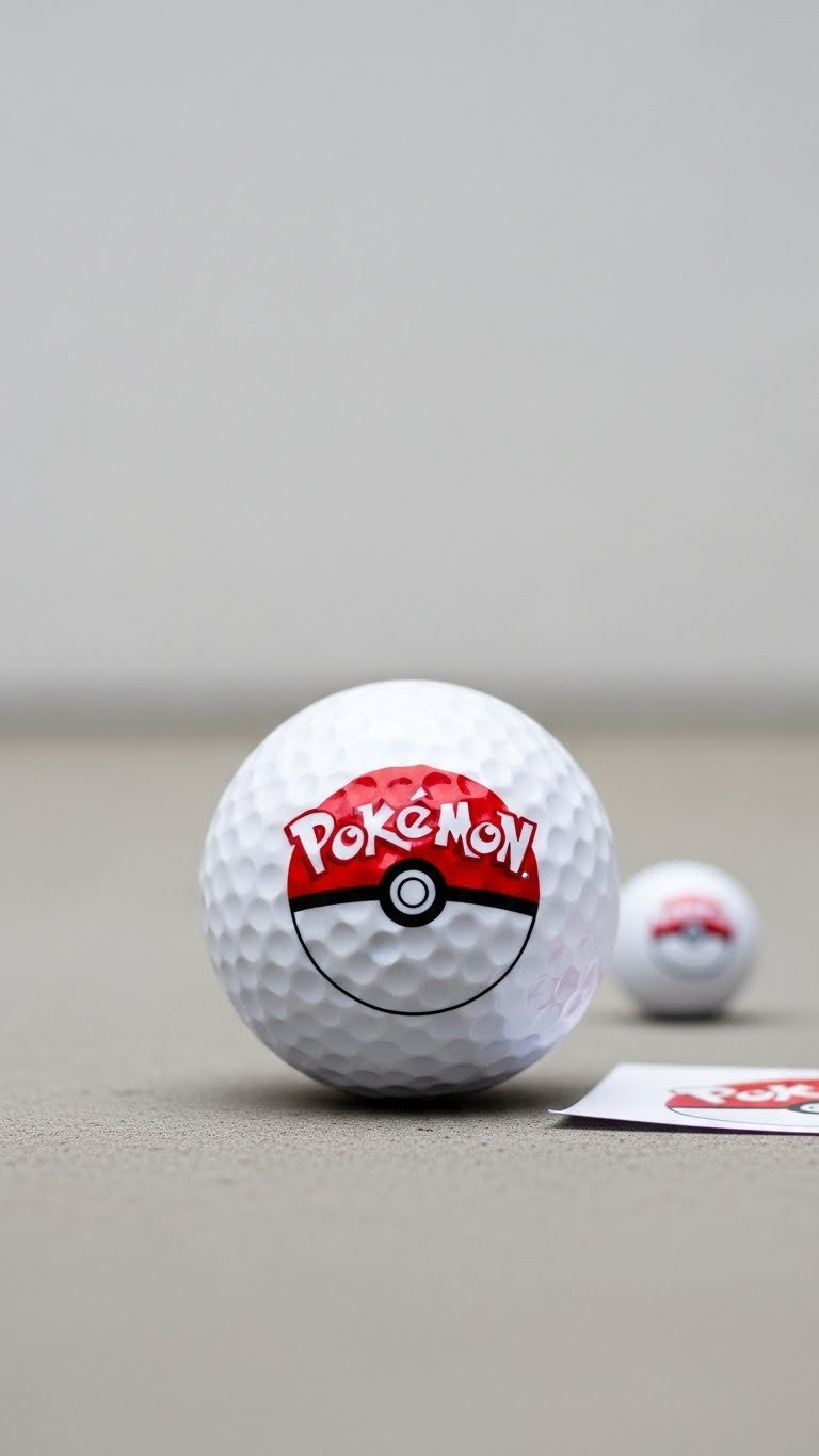 Pokemon Logo Stenciled Golf Ball On Smooth Concrete Surface With Clean Minimalist Composition And Bright Lighting