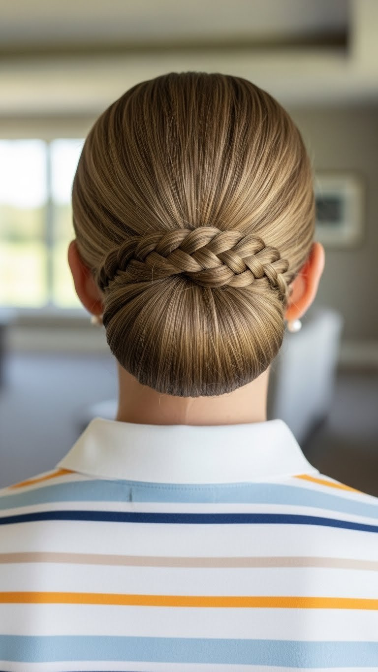 Polished Low Braided Bun At The Nape Of The Neck With Slicked-Back Sides And Intricate Texture, Ideal For Professional Golf In A Clubhouse.