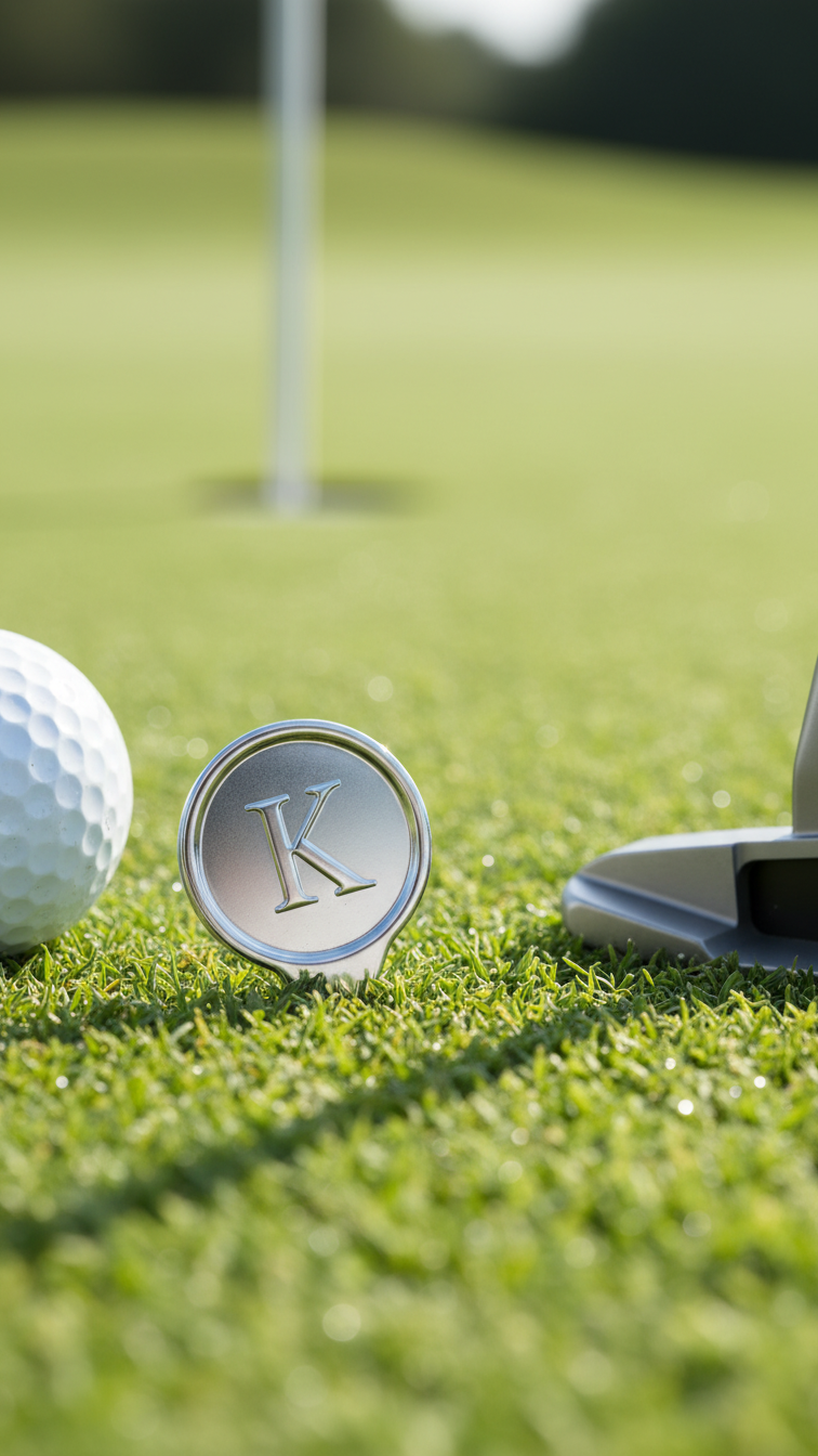 Polished Silver Metal Golf Ball Marker With Engraved Letter K Resting On Manicured Green Putting Green