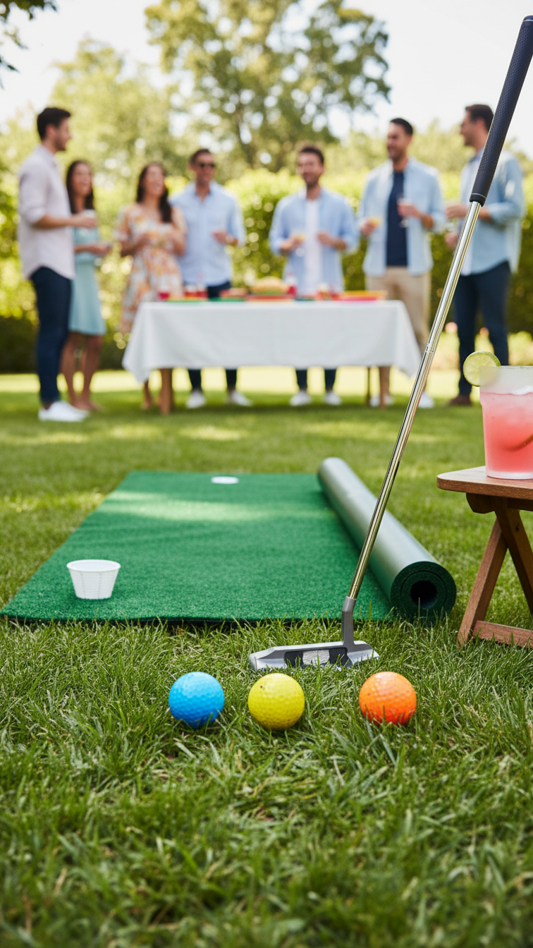 Portable Putting Green Set Up On Lush Lawn With Golf Putter And Colorful Golf Balls For Outdoor Party