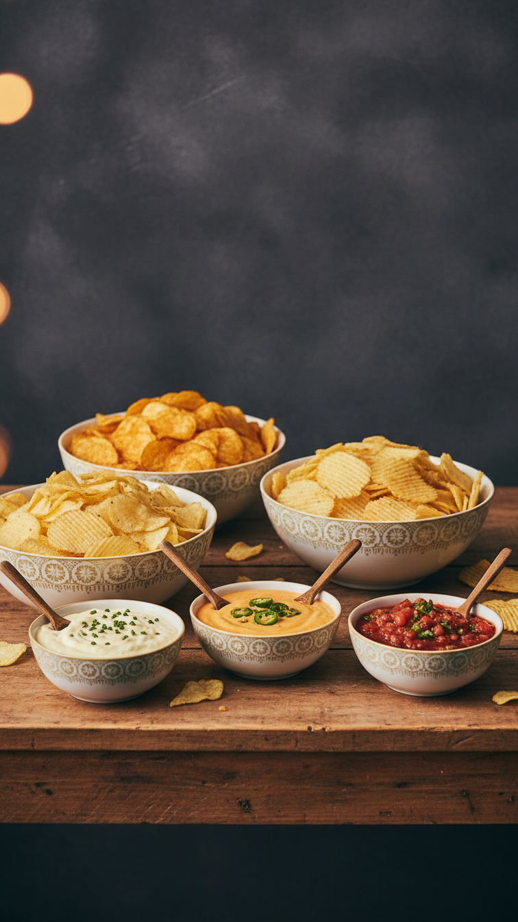Potato Chip And Dip Bar With Kettle Chips, Onion Dip, And Queso In Matching Bowls On Wooden Table