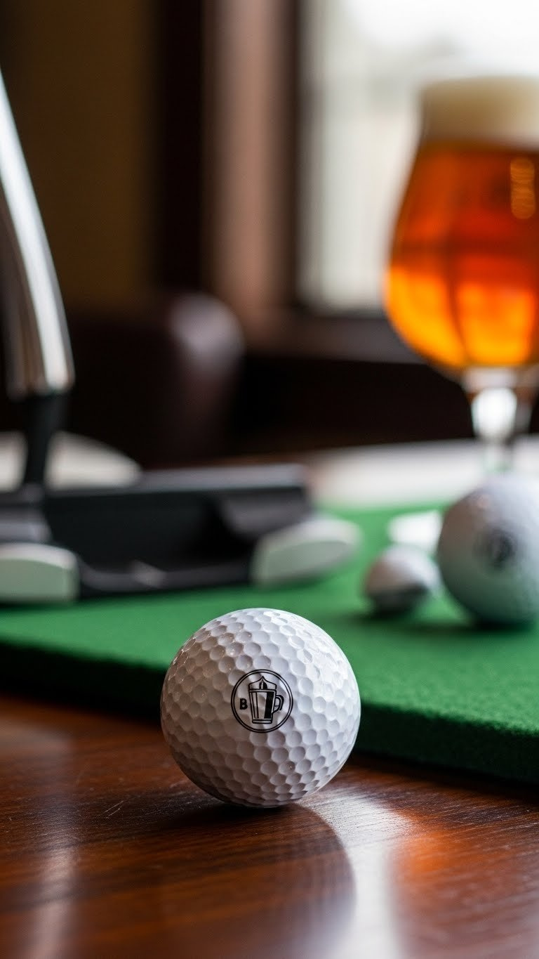 Premium Performance Beer Logo Golf Ball Macro Shot Showing Urethane Cover Texture On Dark Polished Wood Surface