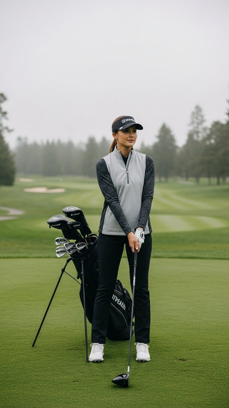 Prepared Woman In Layered Golf Vest And Black Trousers Holding Driver On Tee Box With Golf Bag