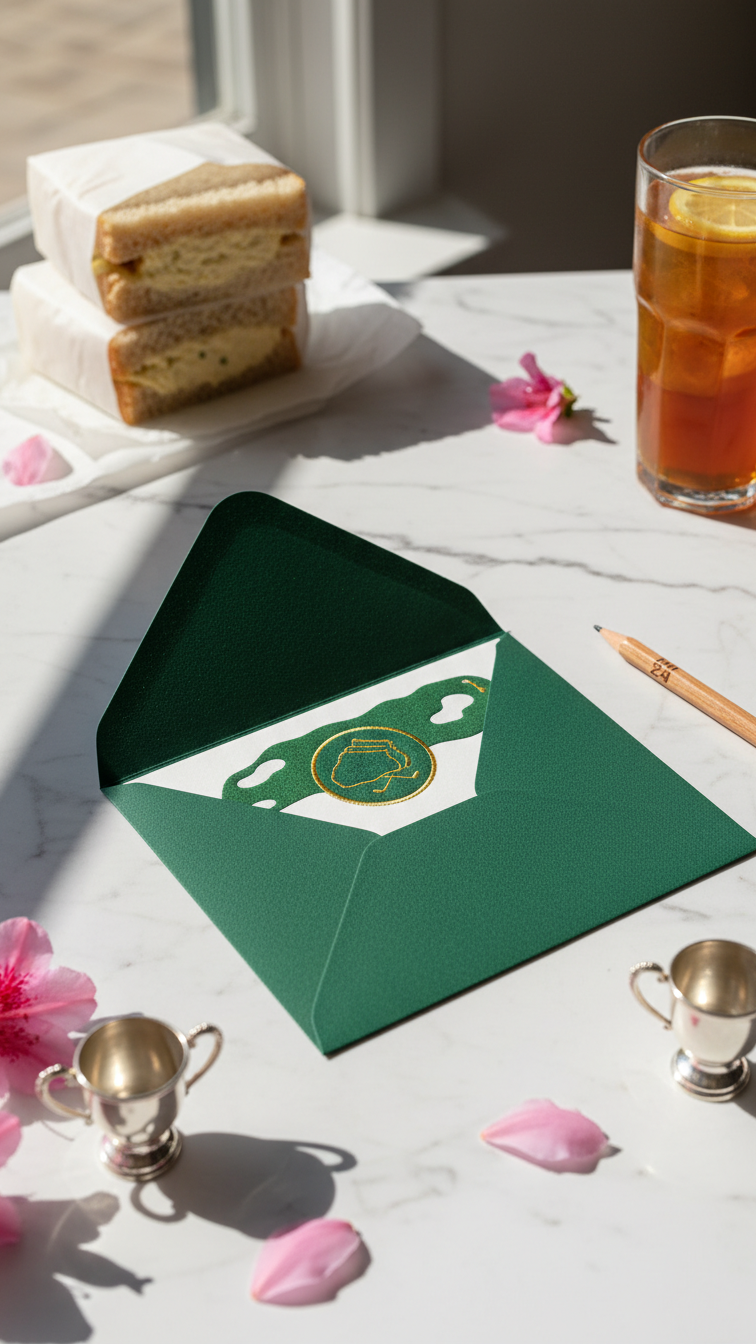 Prestigious Masters-Inspired Golf Invitation Suite With Green Jacket Design And Embroidered Patch On Marble