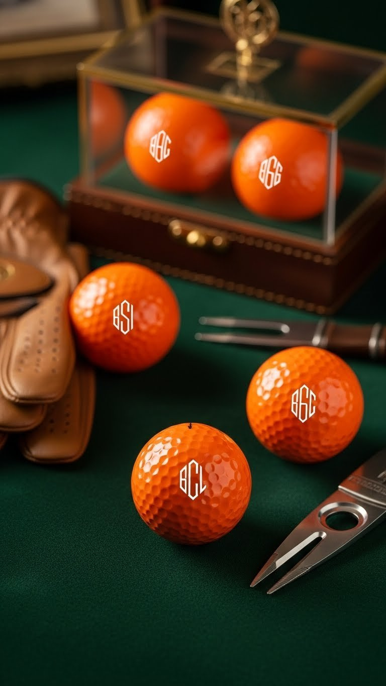 Pristine Orange Golf Balls Featuring Elegant Single-Initial Monograms On Plush Dark Green Velvet Surface