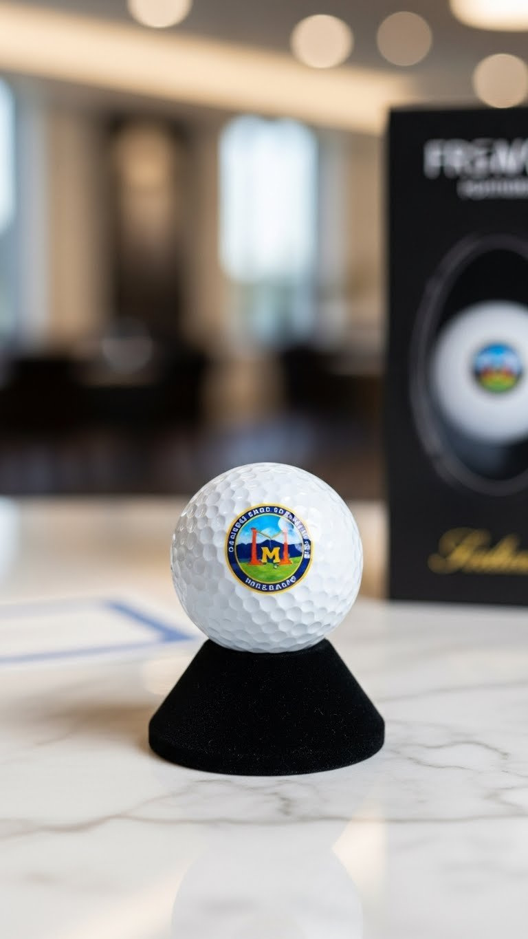 Pristine White Golf Ball With High-Resolution Custom Logo Professionally Printed Displayed On Luxury Black Velvet Stand.