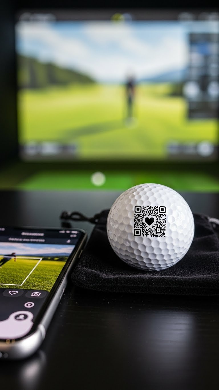 Pristine White Golf Ball With Scannable Qr Code Featuring Heart Icon On Black Velvet Pouch With Tech Accessories