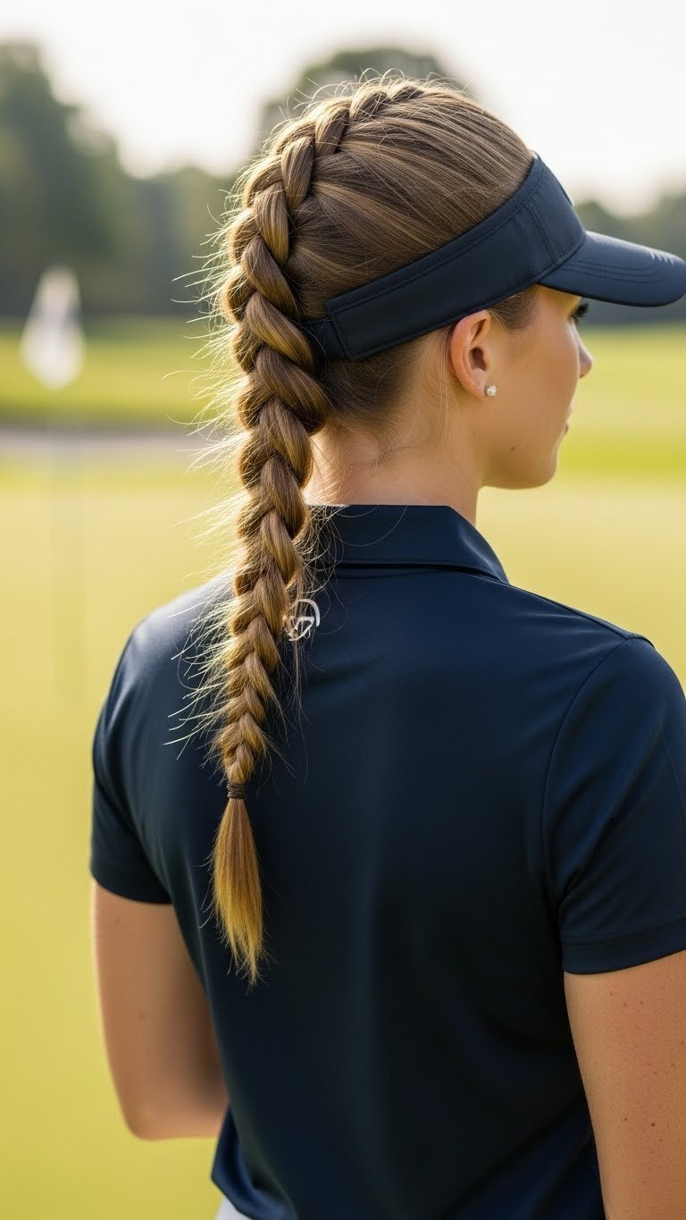 Professional Female Golfer With A Stylish Half-Up French Braid Under A Visor, Close-Up On A Sunlit Golf Course.