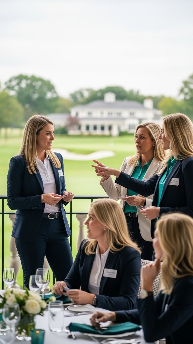Professional Women Networking On Clubhouse Patio During Business-Casual Golf Event With Golf Course Backdrop