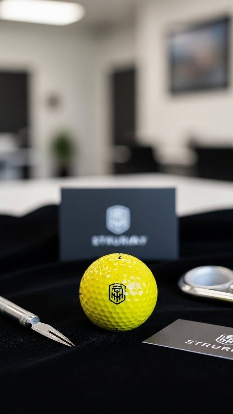 Professional Yellow Golf Ball With Corporate Logo On Black Velvet Cloth In Office Setting With Macro Focus