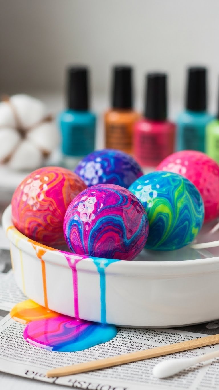 Psychedelic Marbled Golf Balls With Swirling Nail Polish Patterns In White Ceramic Dish With Colorful Drips.