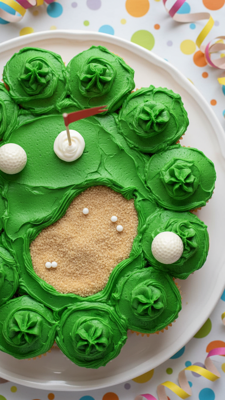 Pull-Apart Vanilla Cupcake Cake Arranged As Golf Course With Green Buttercream And Brown Sugar Sand Trap