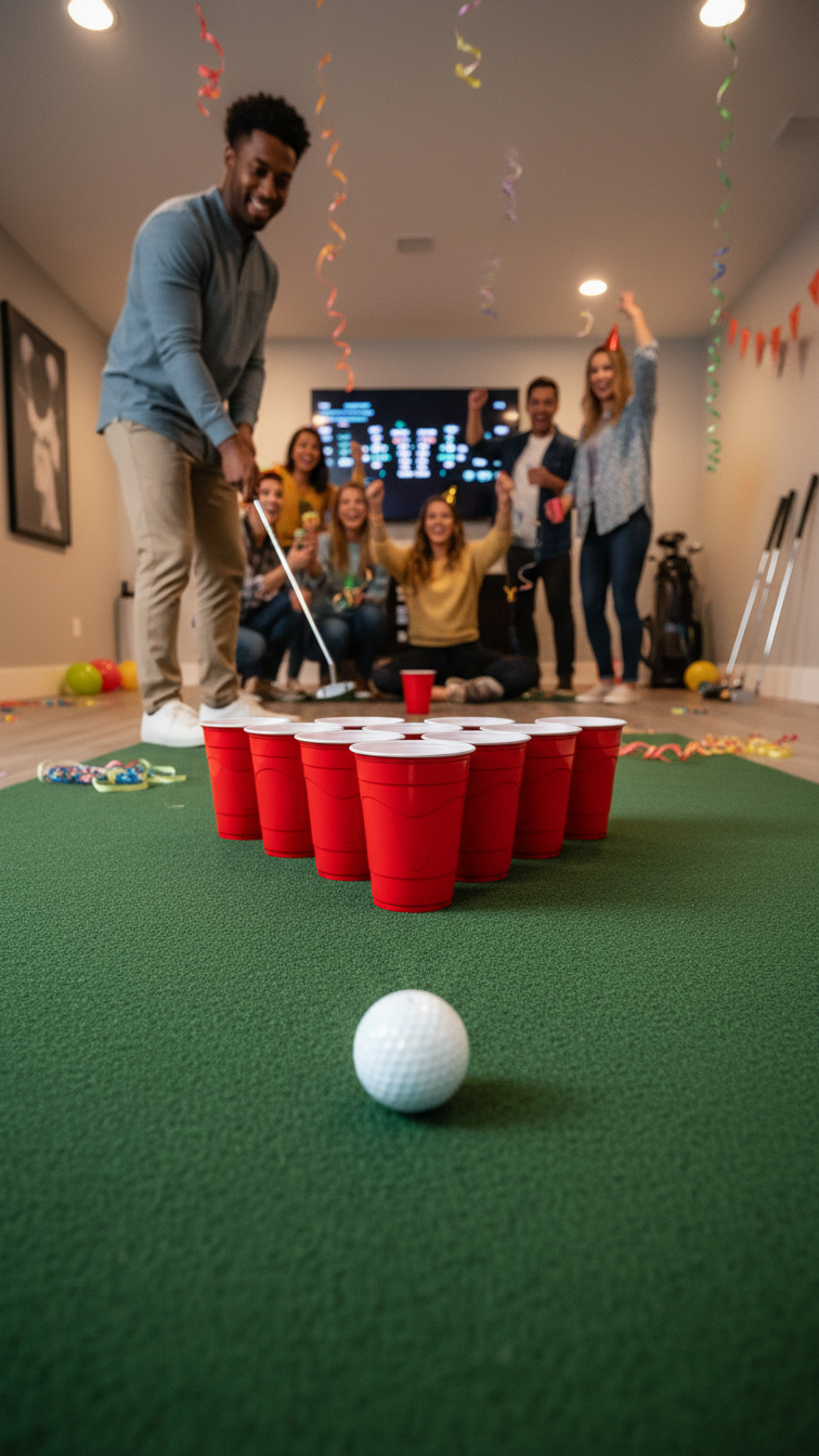 Putting Pong Game With Golf Ball Rolling Toward Triangular Red Cups On Green Mat During Indoor Party.