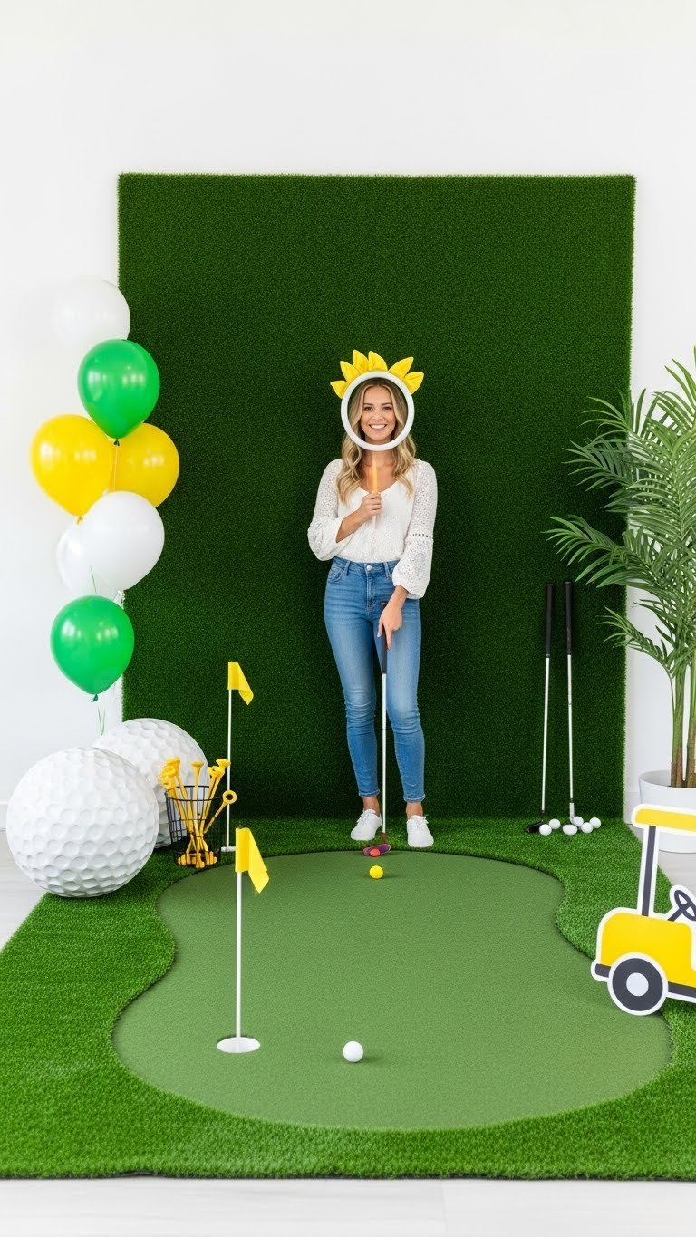 Putting Green Photo Booth Backdrop With Artificial Turf Wall, Oversized Golf Balls, And Interactive Club Props