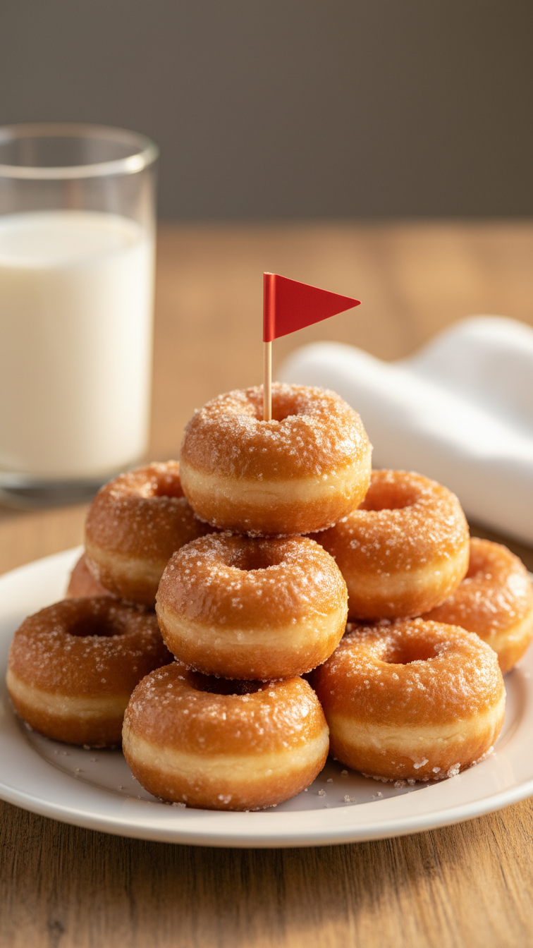Pyramid Of Glazed Donut Holes With Tiny Red Flag Sticking Out As Playful Golf-Themed Dessert Presentation