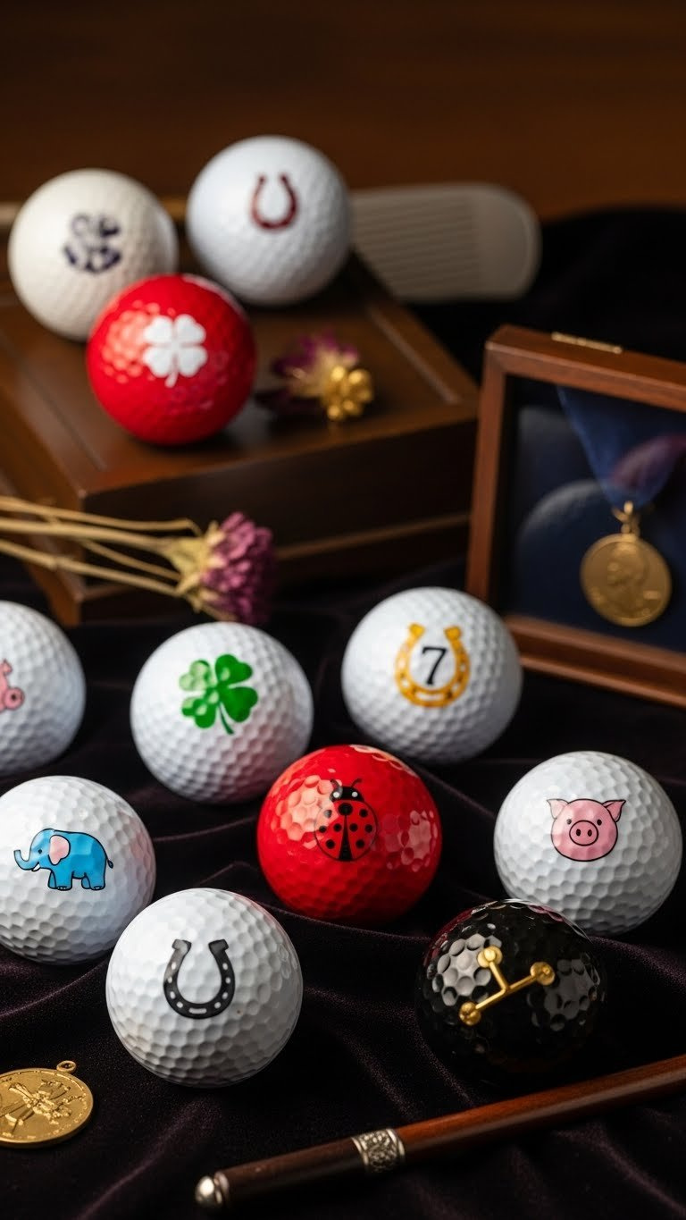 Rare Lucky Charm Golf Ball Collection Featuring Intricate Symbols Arranged On Velvet Cloth Display