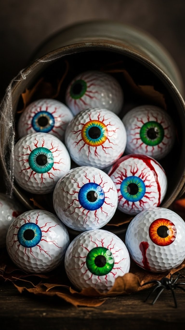 Realistic Golf Ball Eyeballs With Bloodshot Veins And Colorful Irises Spilling From Rustic Metal Bucket For Halloween.