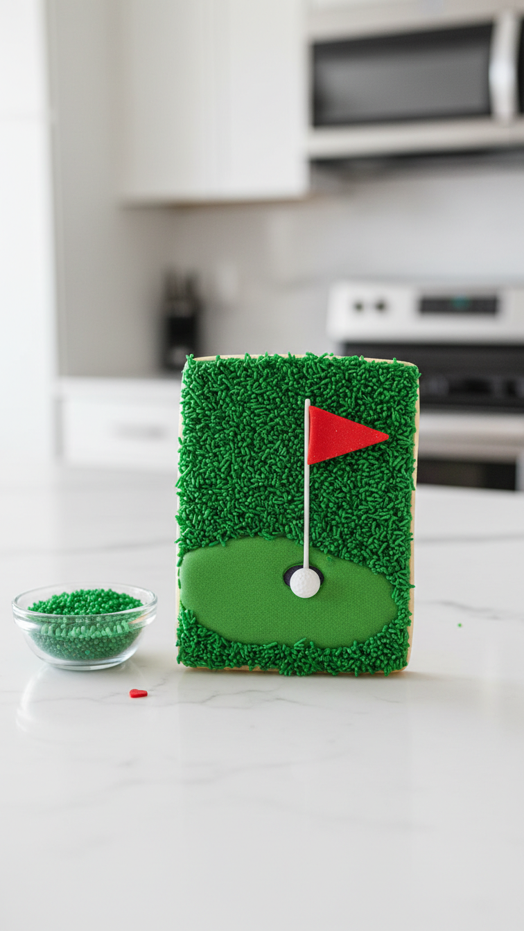 Rectangular Cookie With Green Grass Icing Resembling Putting Green With White Golf Ball And Red Flagstick