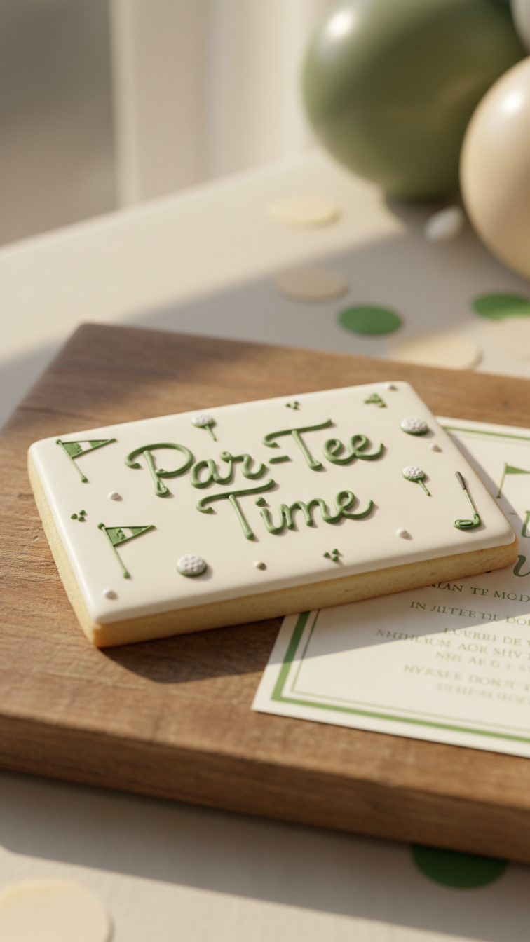Rectangular Plaque Cookie With Par-Tee Time Script Lettering Surrounded By Golf-Themed Doodles