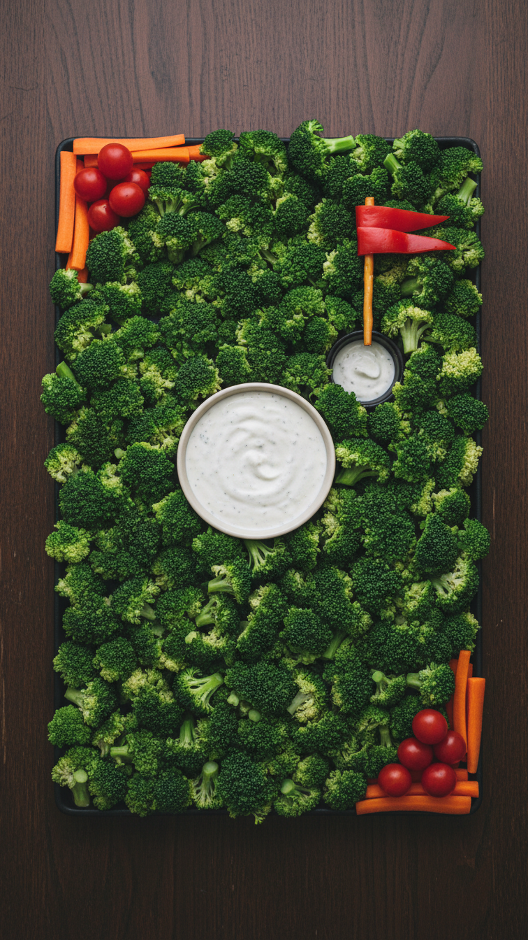 Rectangular Veggie Tray Covered With Broccoli Florets Creating Putting Green With Ranch Dip Hole And Pepper Flag.