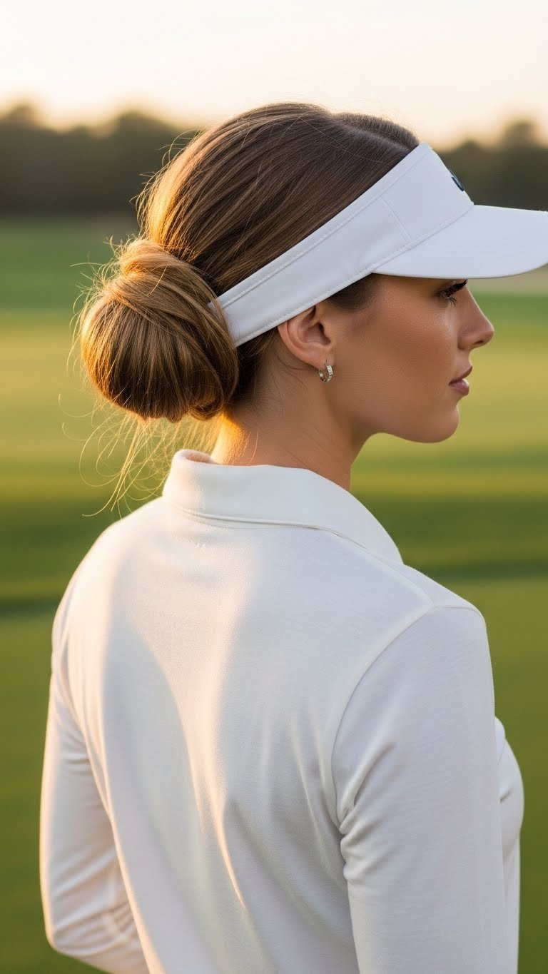 Relaxed Messy Side Bun Golf Hairstyle Complementing Visor With Warm Golden Hour Lighting On Patio