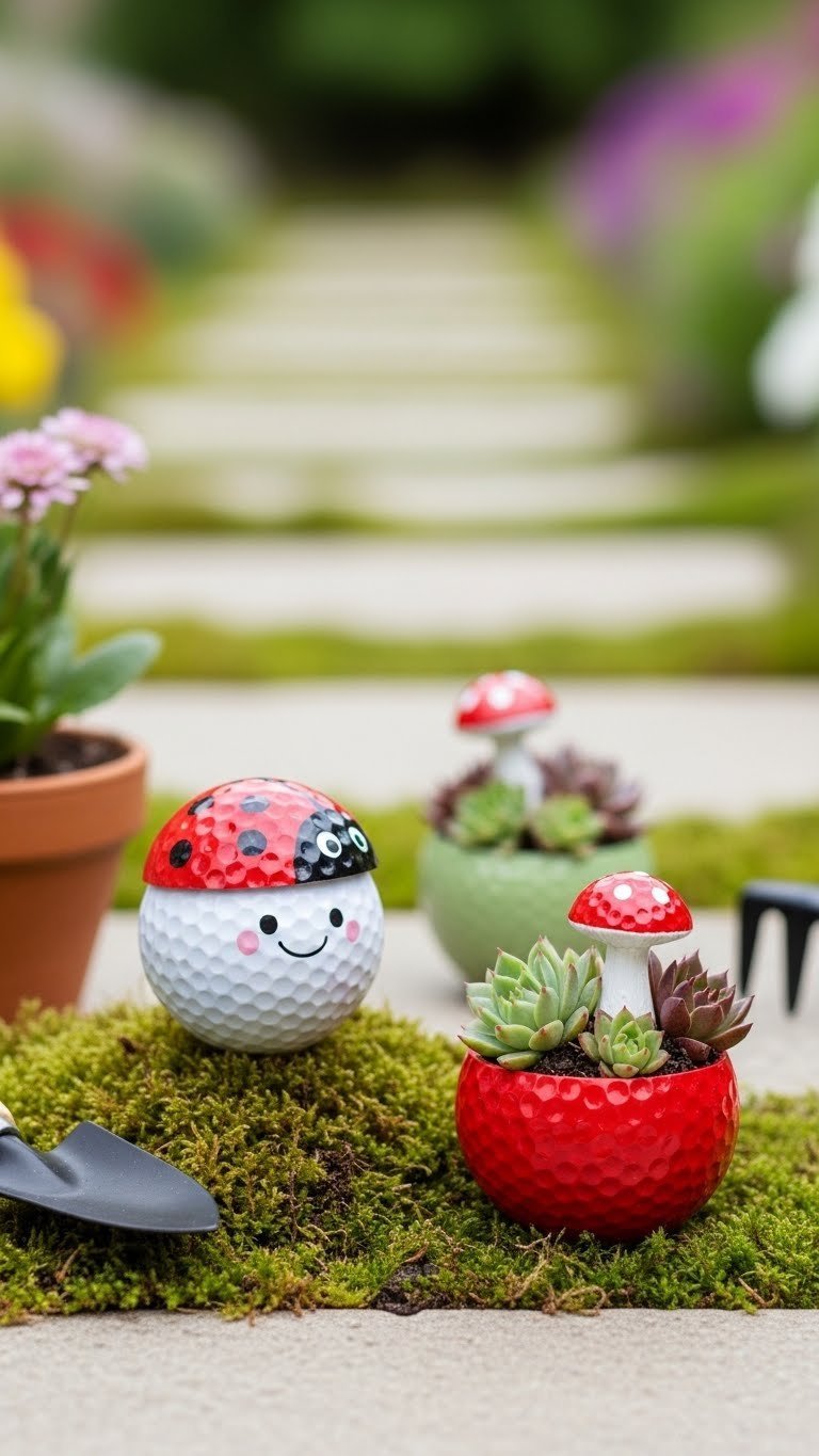 Repurposed Golf Ball Garden Ornaments Painted As Ladybugs Nestled Among Moss And Succulents In Outdoor Setting