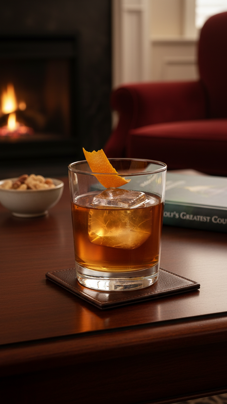 Rich Amber Clubhouse Bourbon &Amp; Tea Cocktail In Rocks Glass With Orange Peel Garnish By Fireplace