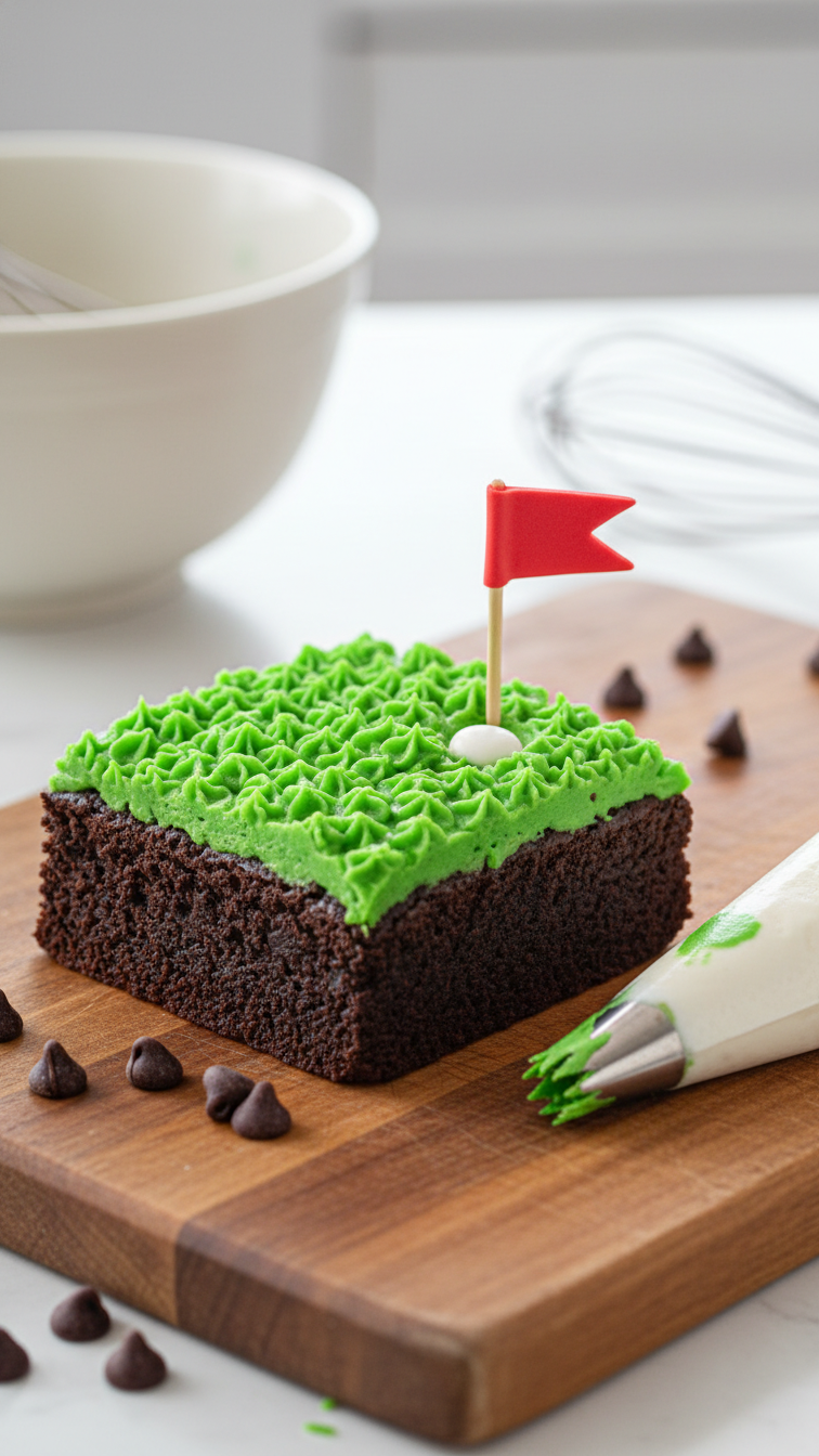 Rich Fudgy Brownie Decorated As Golf Putting Green With Grass-Textured Frosting And Red Flag On Wooden Board
