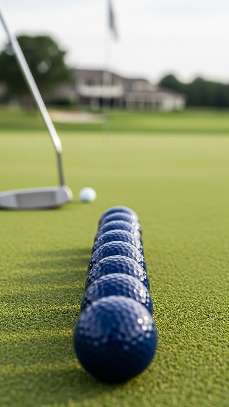 Row Of Navy Blue Golf Balls Aligned On Professional Putting Green With Manicured Fairway And Clubhouse In Distance