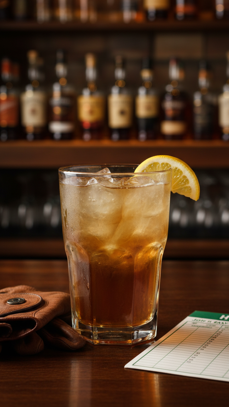 Rugged John Daly Cocktail In Tall Glass With Lemon Slice Garnish On Rustic Golf Clubhouse Bar Background
