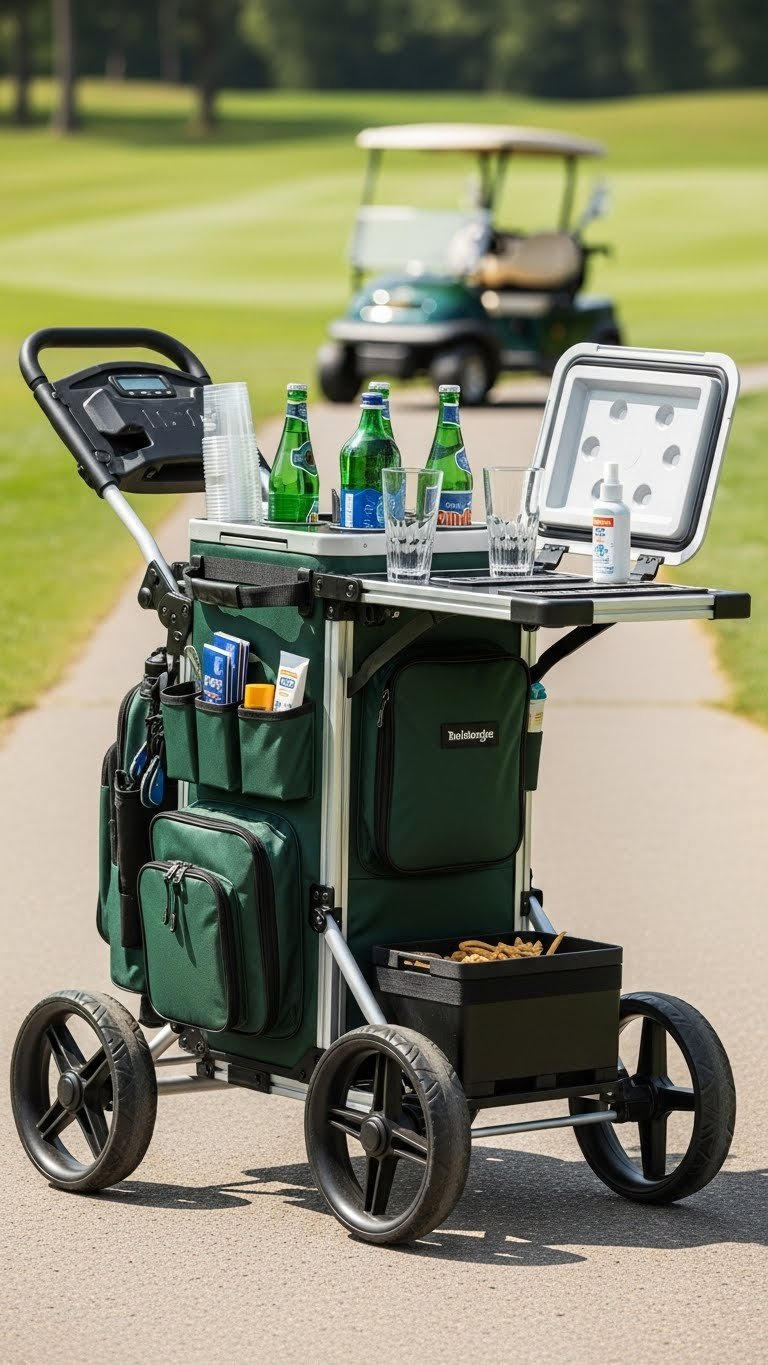 Rugged Portable Golf Cart Bar With All-Terrain Wheels, Insulated Cooler, And Fold-Out Serving Surface On Golf Course Pathway