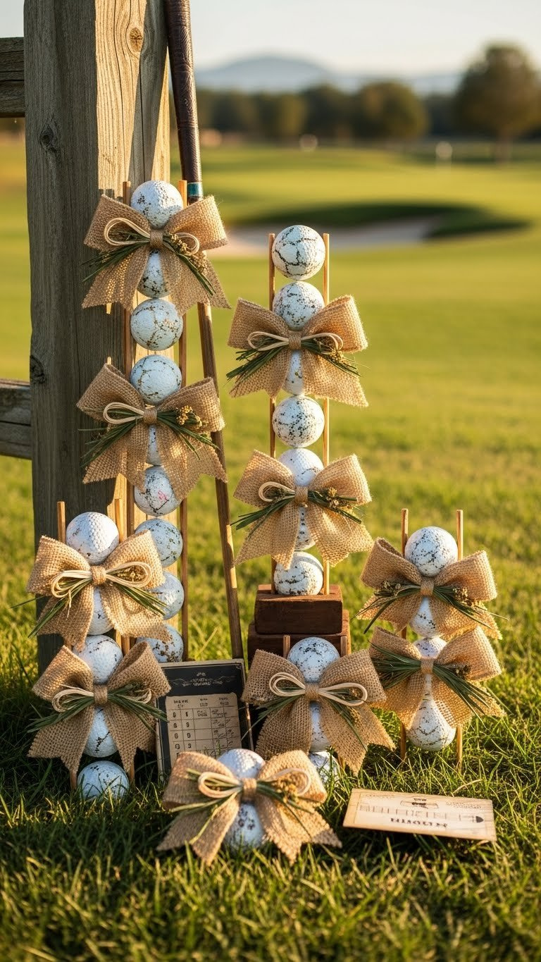 Rustic Burlap Bows On Golf Balls Displayed Outdoors Against Golf Course Background