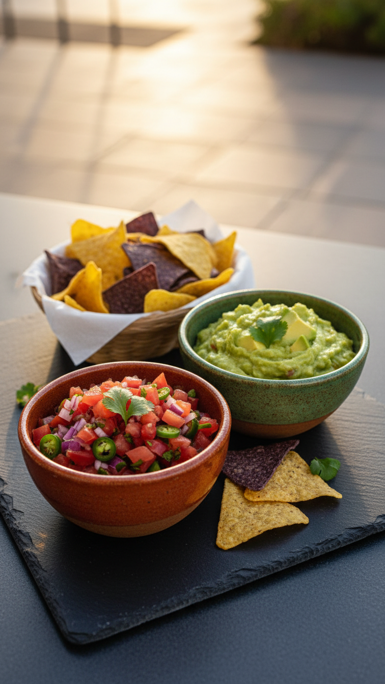 Rustic Ceramic Bowls Of Chunky Tomato Salsa And Creamy Guacamole With Cilantro Garnish And Tortilla Chips On Slate.