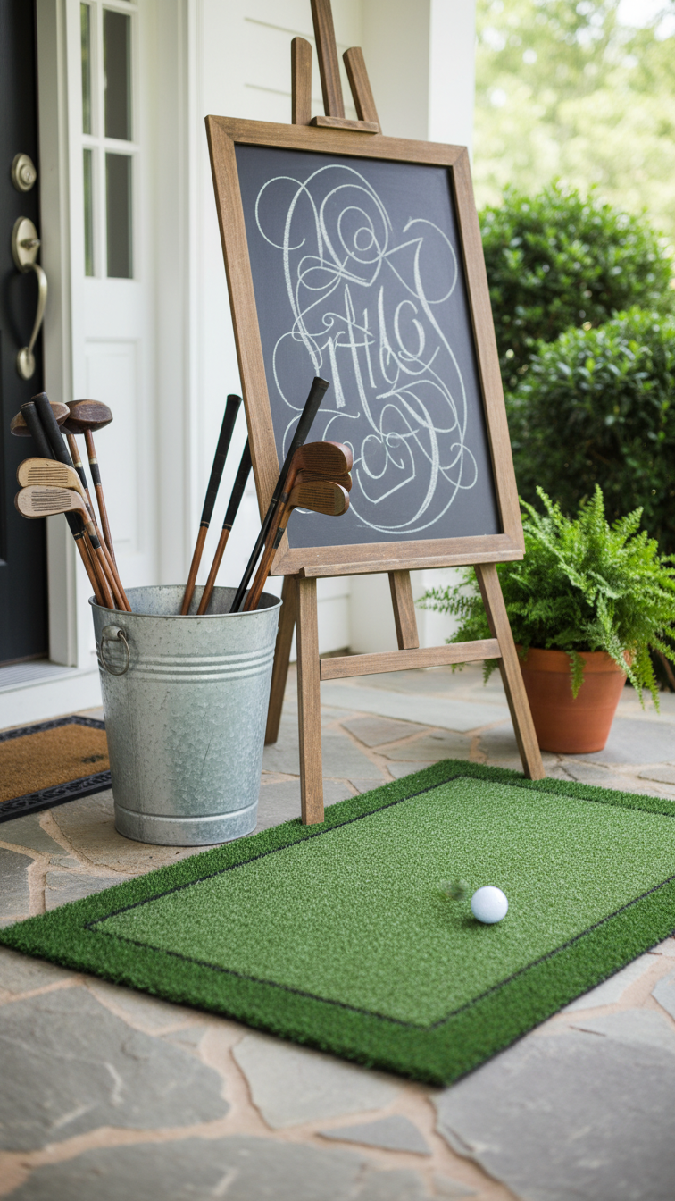 Rustic Golf Party Entrance With Chalkboard Sign, Vintage Clubs In Metal Bucket, And Green Grass Mat On Stone Porch.