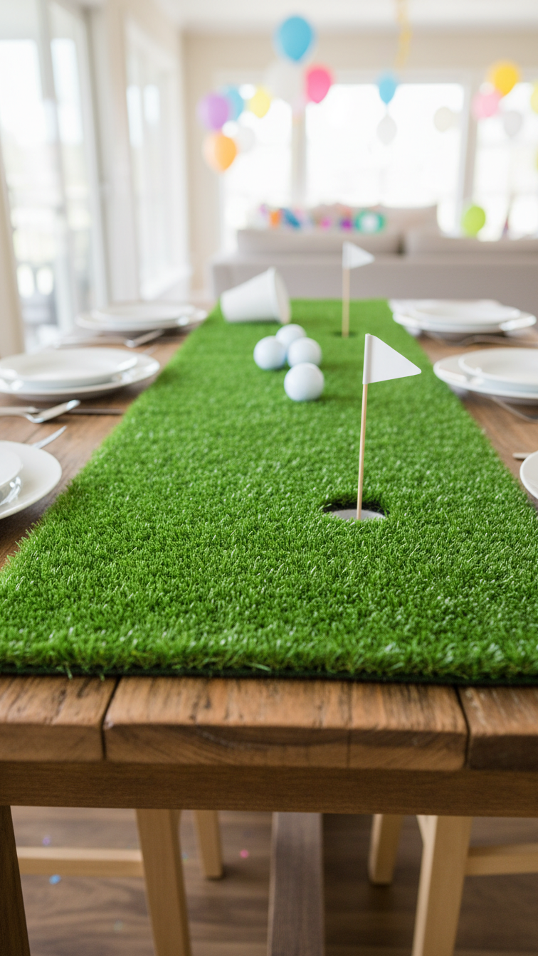Rustic Wooden Dining Table With Vibrant Green Artificial Turf Runner Featuring White Solo Cup Golf Hole And Flagstick Toothpick