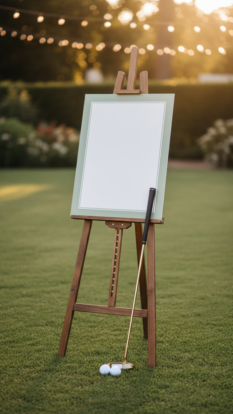 Rustic Wooden Easel With Blank White Sign At Backyard Party Entrance Surrounded By Golf Balls And Vintage Putter On Manicured Lawn.