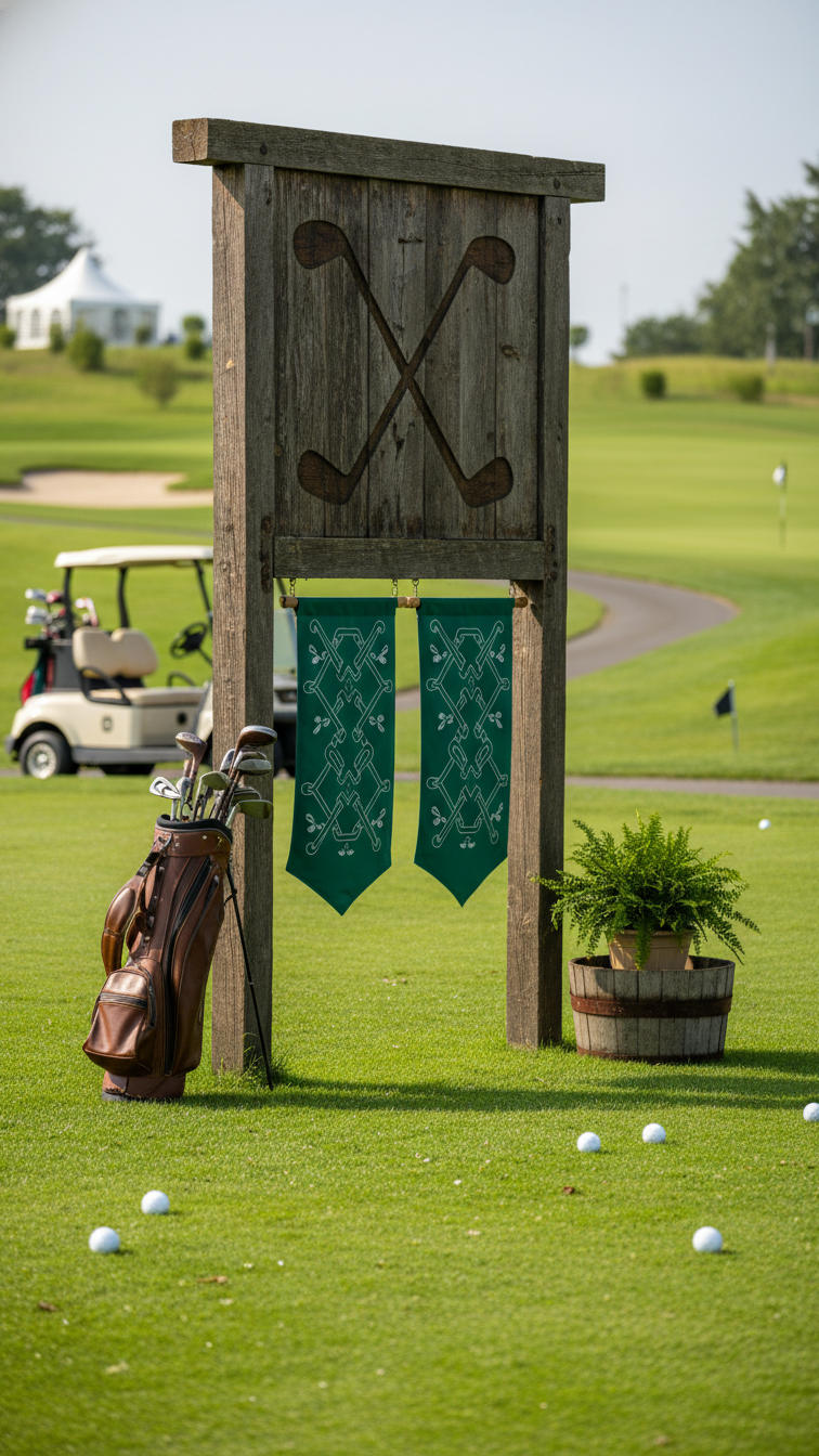 Rustic Wooden Golf Event Welcome Sign At Course Entrance Surrounded By Lush Grass And Golf Balls With Cart In Background