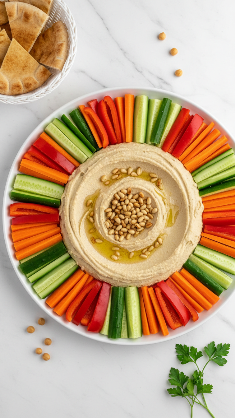 Sand Trap Hummus Platter With Pine Nut Center Surrounded By Colorful Vegetable Dippers