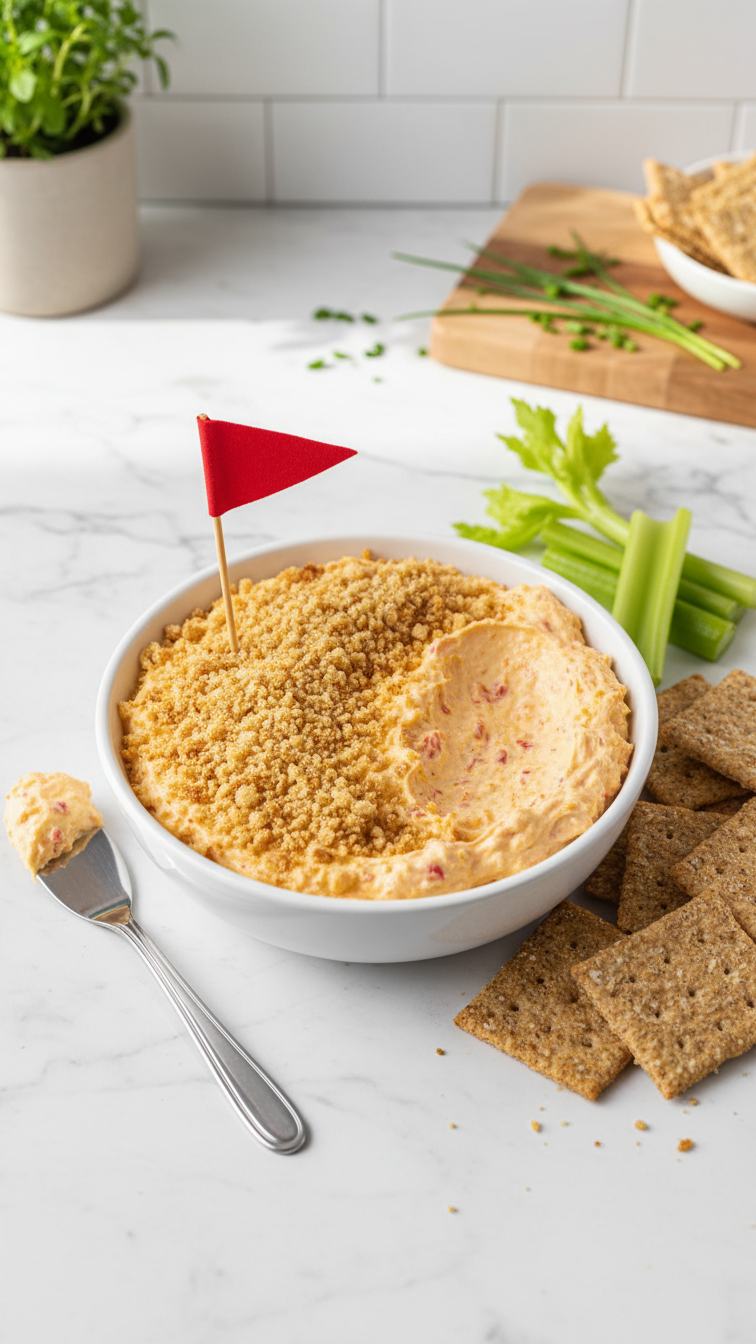 Sand Trap Pimento Cheese Dip In White Bowl With Breadcrumb Topping And Crackers For Golf Party