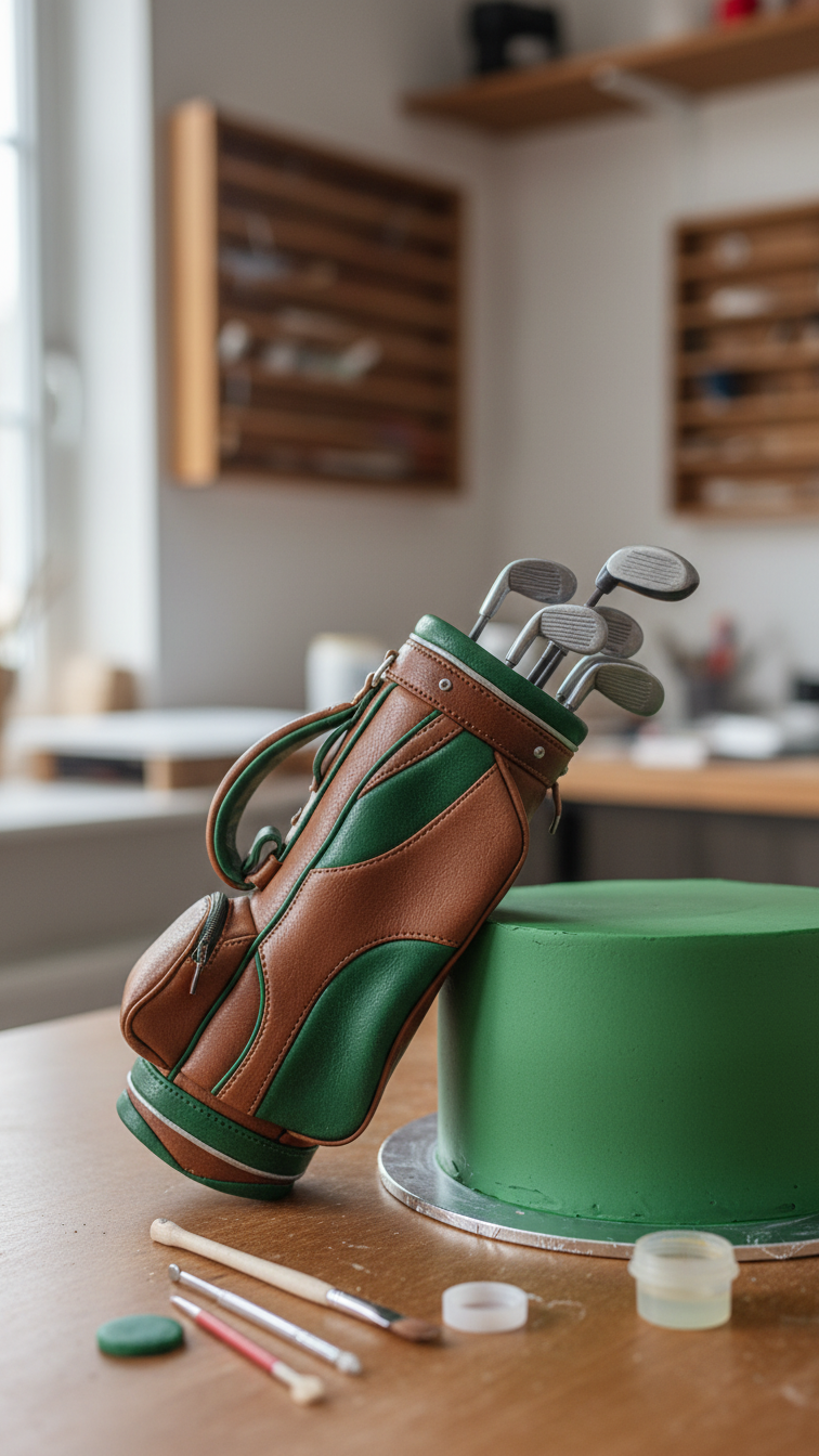 Sculpted Fondant Golf Bag Leaning Against Round Cake With Tiny Golf Club Heads Sticking Out On Wooden Table